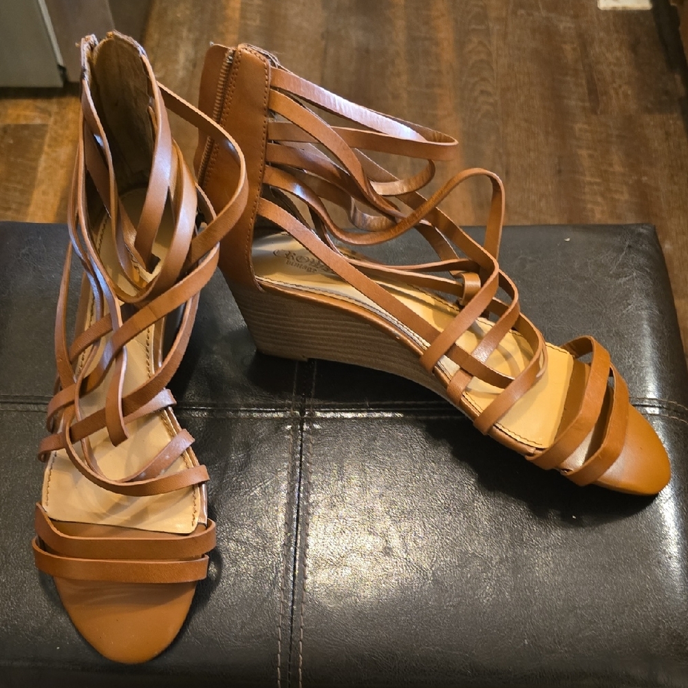 Crown Vintage Tan Strappy Wedge Sandals